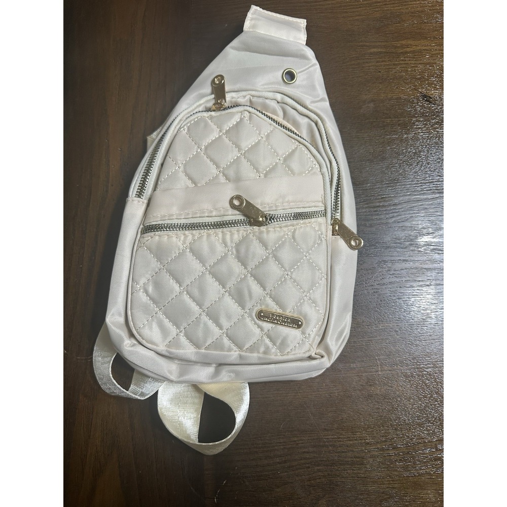 Ivory Quilted Sling Bag Zip Closure Adjustable Strap Women Casual Gold Hardware